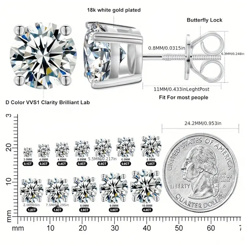 Round Silver-Plated Zircon Stud Earrings - 2-Carat (x2), 8mm, Screw-Back Closures, 4 Total Carats, Precision-Cut, Unisex Custom-Made Jewelry, Secure Fit, Silver-Plated Finish Resists Dullness, Elegant Bling Accessory, Milestone Moment Gift