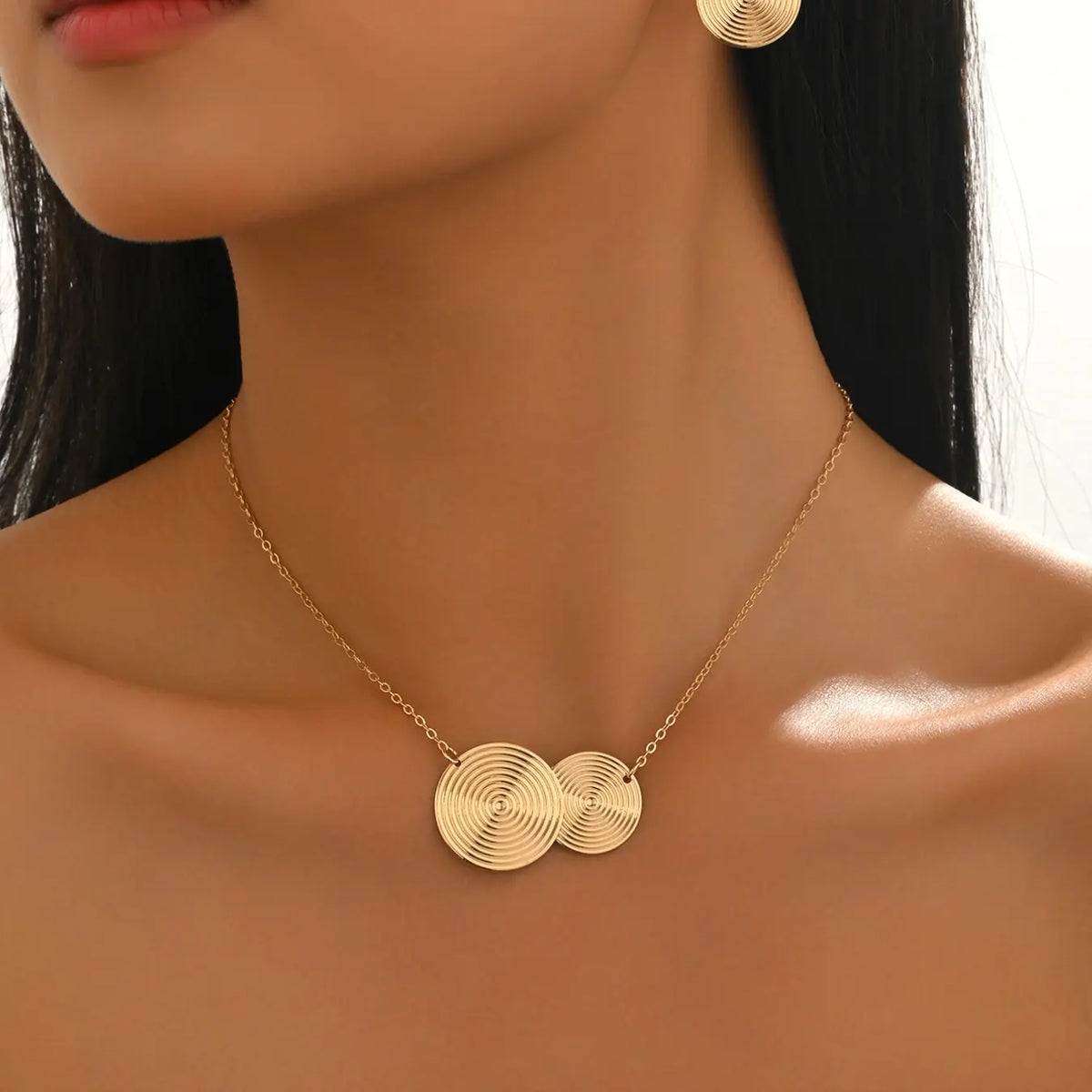 Women's Fashion Fingerprint Ear Ring Necklace Set, Golden Spiral Texture Round Pendant Jewelry, Daily Wear & Holiday Gift, Elegant Jewelry Set, Matching Jewelry Set, Fashionable Jewelry Set, Jewellery Gift Set
