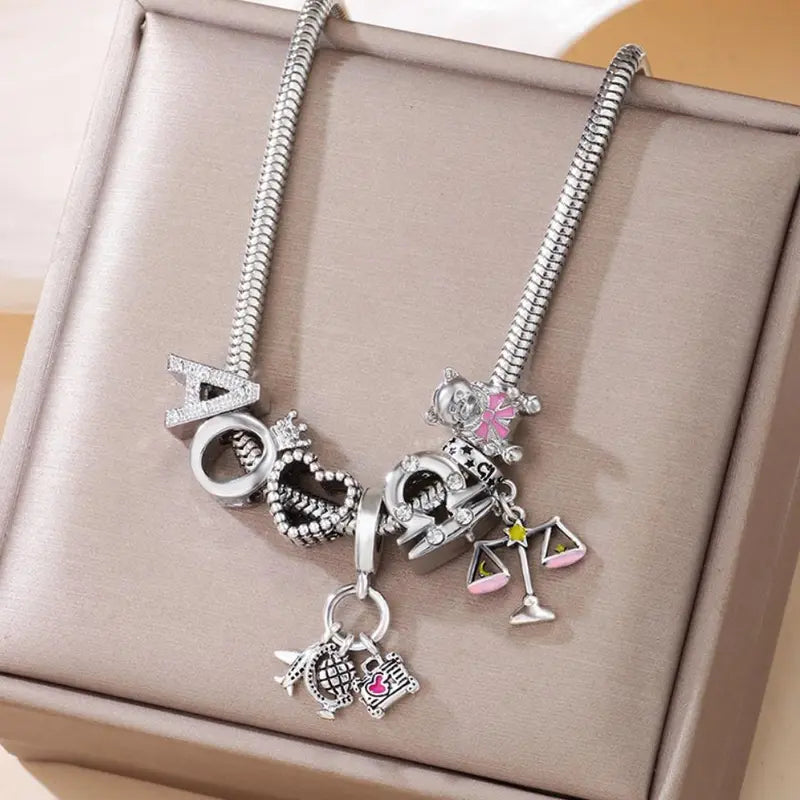 Women's Whimsical Bear Zodiac 2-Piece Zirconia Jewelry Set - Sparkling Zircon Heart Initial Necklace & Bracelet, Cute Animal Costume Accessories, Casual Daily Wear for Women, Cute Accessories