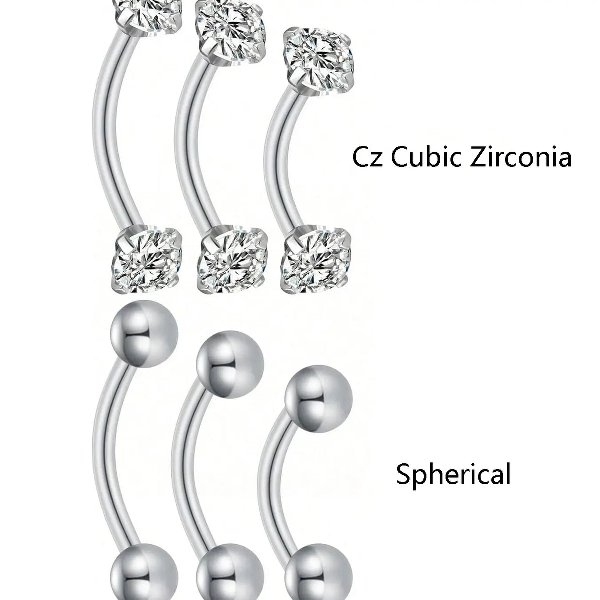 3-Piece Stainless Steel Jewelry Set, Body Piercing Jewelry, Body Jewellery, Eyebrow Lip Belly Button Piercing Rings, Cz Cubic Zirconia Styles, 6-10mm Sizes, All Season Wear