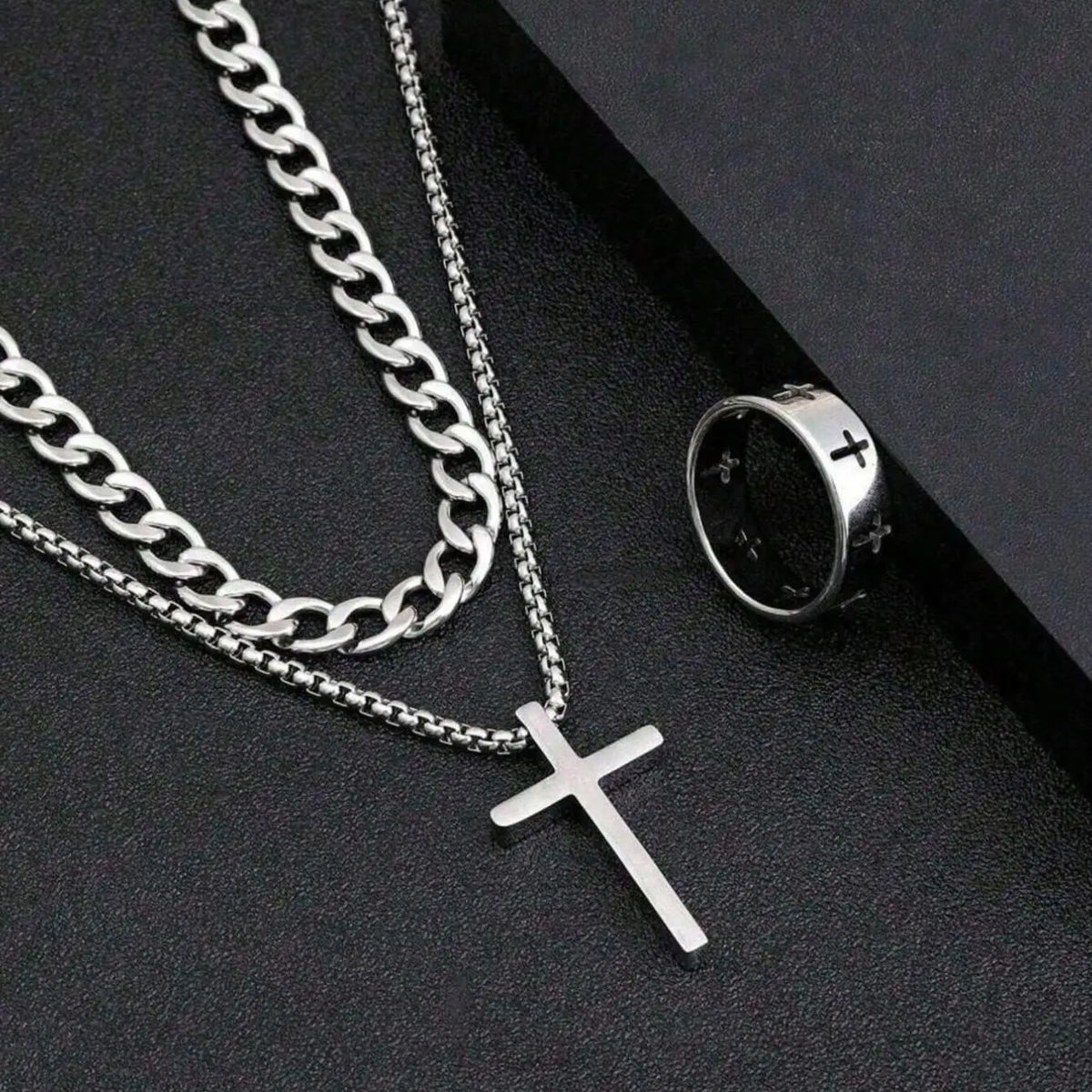 3pcs Teen Fashion Multi-Functional Stainless Steel Jewelry Accessories Set, Trendy Jewelry Set, Cross Necklace Bracelet Ring, Perfect Gift, Jewellery Gift Set, Jewelry for Teens