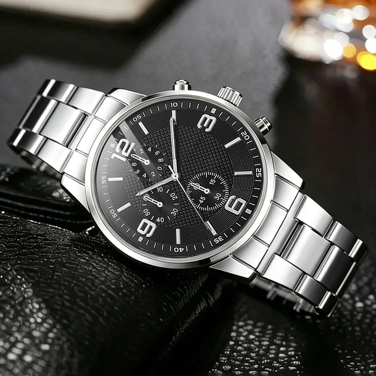 Trendy Silver Color Watch Face, Men's Roman Numerals Quartz Watch Set with Necklace Bracelet Ring, Perfect Birthday Gift for Him, Fashionable Jewelry Set