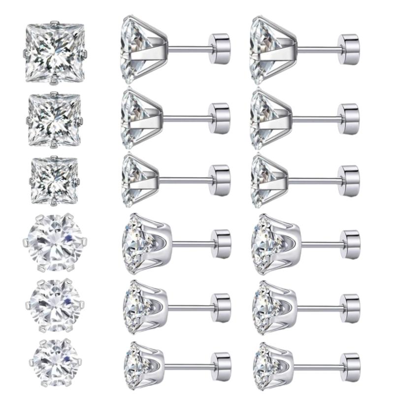 A Set of 12/6 Pairs Cubic Zirconia Stud Earrings,Hypoallergenic Silver Plated Piercing Pack,Clear Square & Round Princess Cut Diamond Simulator for Sensitive Ears,Halloween Christmas Party Fathersdaygift,Hand Tools Kits