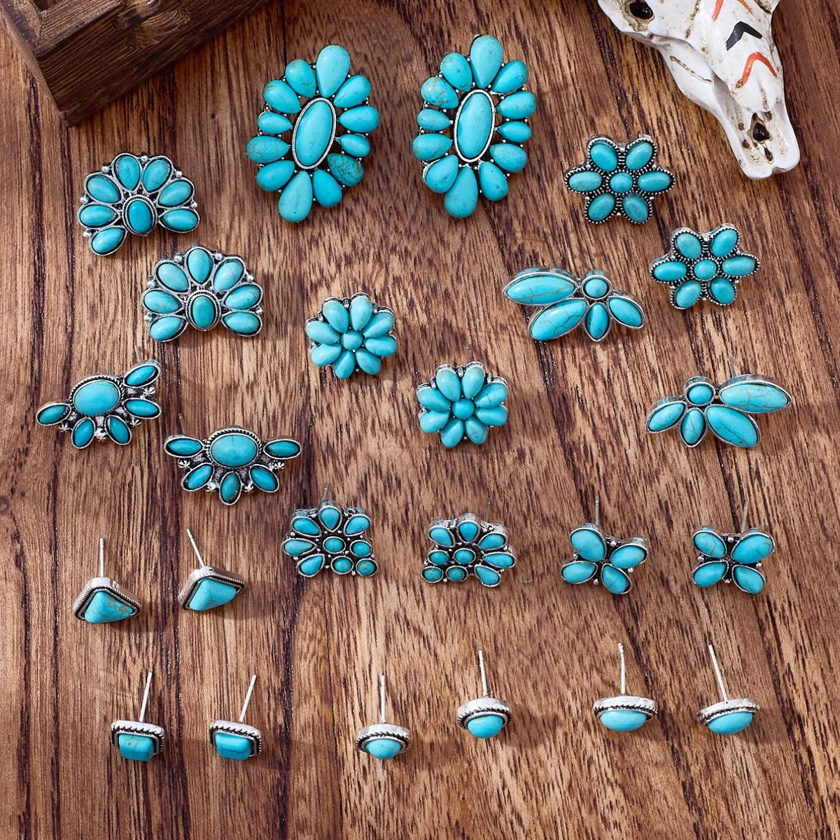 Vintage Bohemian Turquoise Earrings Set, Boho Earrings, Versatile Earrings, Ear Studs, Stud Earring Sets, Fashion Jewelry Accessories, Trendy Fashionable Accessories, Geometric Triangle Round Square Flower Shapes, Women's Gift, 12 Pairs