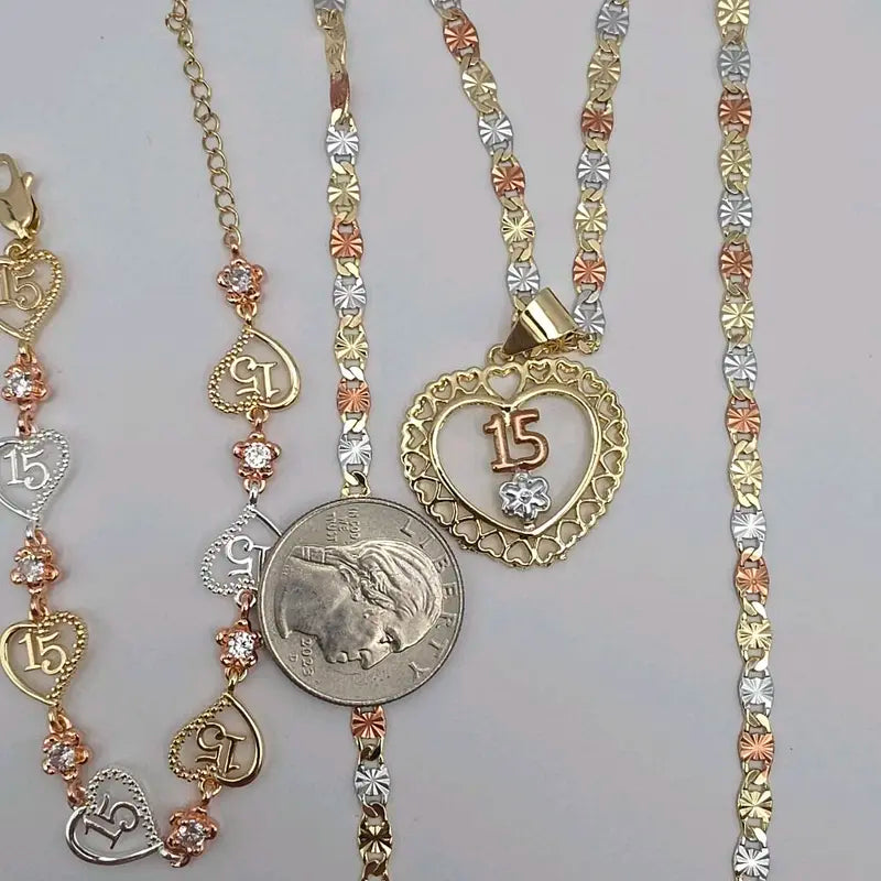 15th Year's Beautiful Heart & Flowers Necklace 20 Inches Gold-Plated Bracelet Set in Three Colors Jewelry Gift