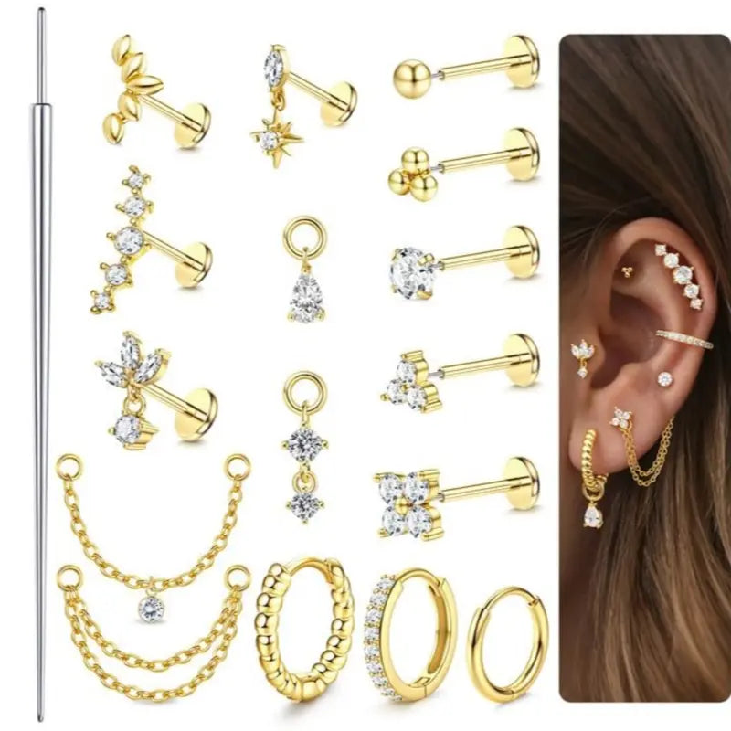 Milacolato 16pc Gift-Ready Elegant Surgical Steel Piercing Jewelry Set for Women, 16G-20G Push-In Easy Threadless Flat Back CZ Studs & Hoops - Nose Piercing, Labret, Conch Earrings, Mom Gifts, Casual Wear
