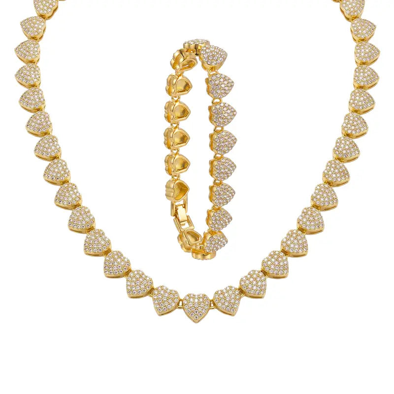 2PCS Heart Shaped Cuban Chain Necklace Set, Rhinestone Choker Necklaces, Hip Hop Style Choker Set , Dainty Zirconia Cut Faux Diamond Chain for Women and Men, Luxurious Jewelry Set for Party Birthday, Everyday Wear