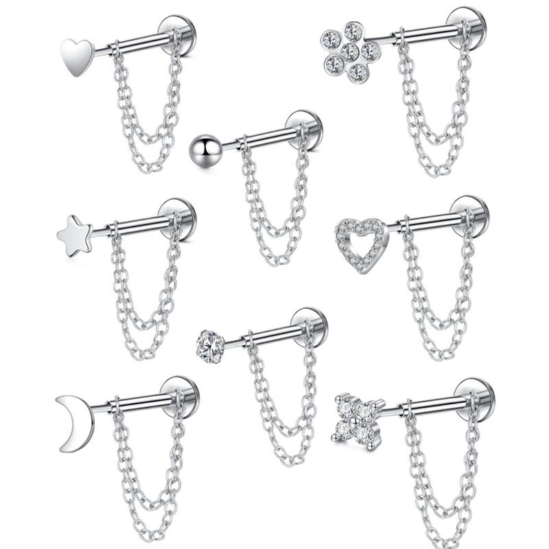 Unisex Stainless Steel Cz Heart Chain Earrings, 20g Push-Back Studs, Fashionable Jewelry Gift for Birthdays & Special Occasions, Chain Style, Trendy Fashionable Accessories, Zircon Stud Earrings, Cubic Zirconia