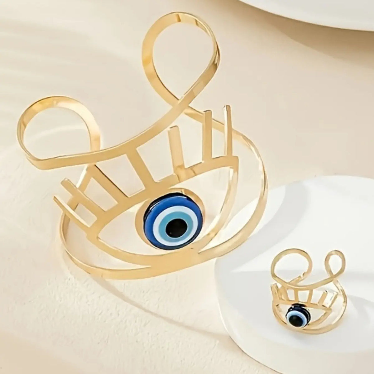 Boho Style Blue Eye Plated Bracelet & Ring Set, Bracelet Jewelry Sets, Spring Summer Versatile Maximalist Jewelry Fashion Accessory, Unisex Jewelry Gift, Perfect for Daily Wear