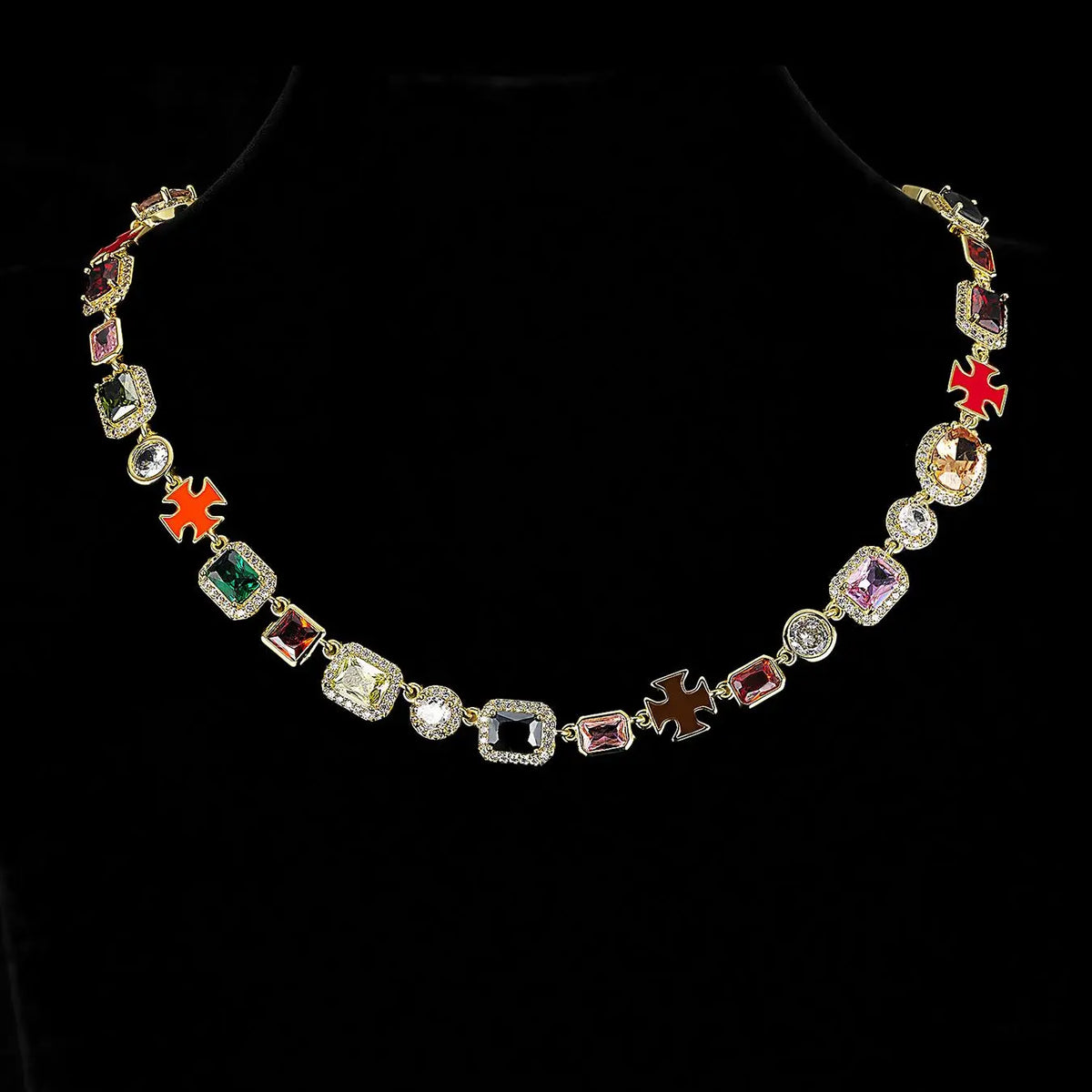 ICED CHICS Unisex Necklace & Bracelet Set (2pcs/set), Trendy Jewelry Set, Fashionable Colorful Zirconia for All Seasons, Cross Accent, Hip Hop Street Style, Perfect Gift