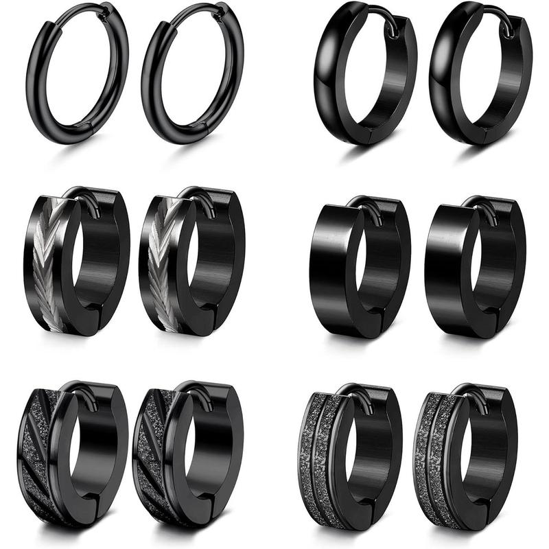 CASSIECA 6Pair Stainless Steel Earrings Set Classic Small Hoops, Helix Piercing Sleepers, Dome, Black Styles, Sleep Safe Jewelry for Men/Women, Men's Accessories Sohochic