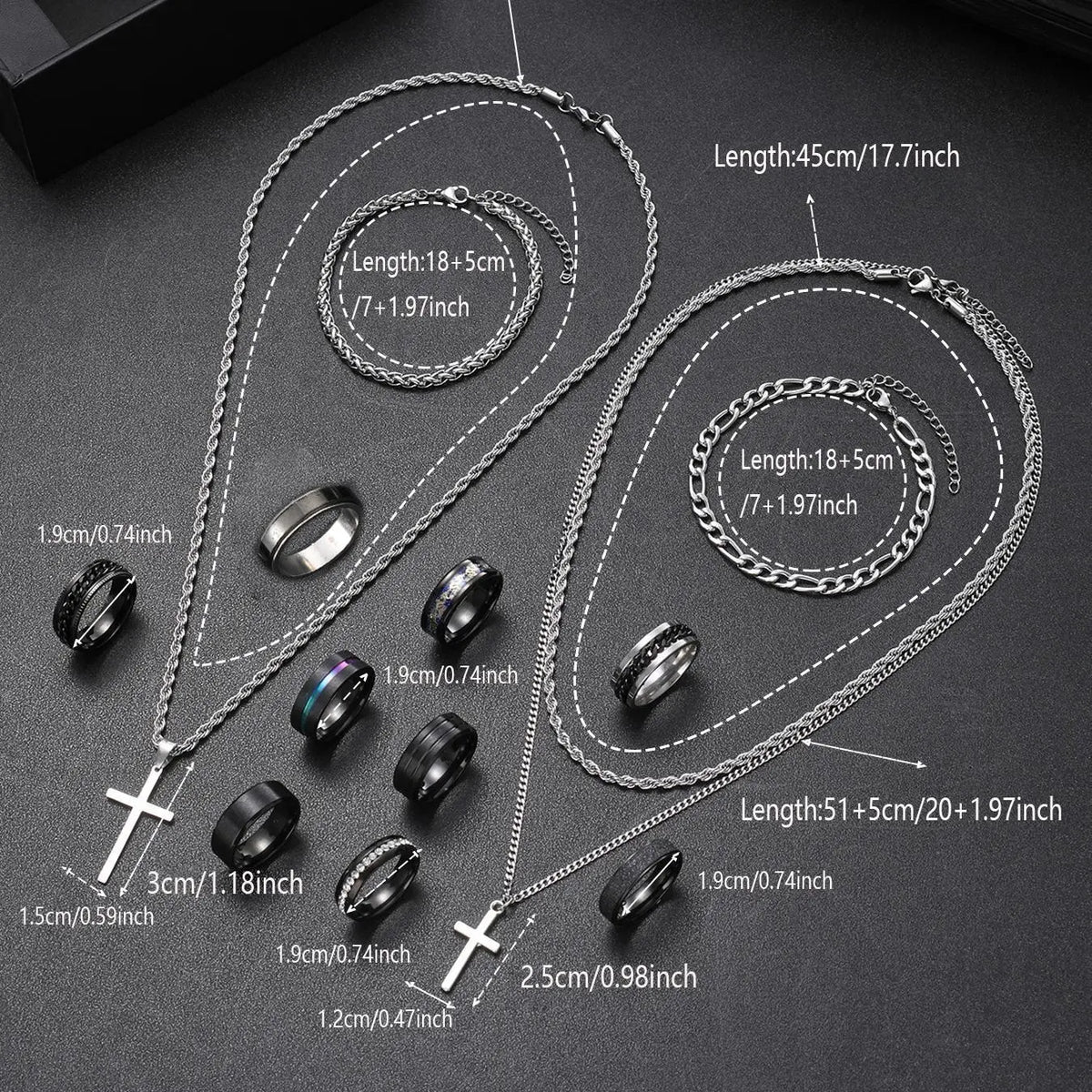14/55 Piece Stainless Steel Trendy Jewelry Set, Hip Hop Punk Cross Men's Ring Necklace Bracelet, Party Gift for Boyfriend Birthday Father's Day