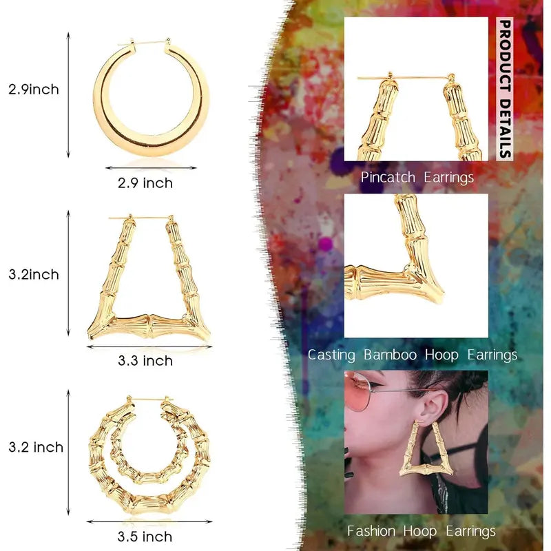 CASSIECA 8Pair Bamboo Geometric Statement Earrings Set, Handmade Artificial Gemstone Jewelry with Large Different Shapes, Chunky Bling Accessories for Women for Party, Daily Wear Sohochic