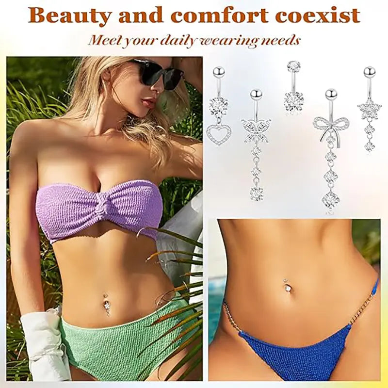 5PCS Classic Butterfly-shaped Heart Flower Composite Zirconia Inlaid Navel Ring Pendants Body Piercing Jewelry Women Stainless Steel Bohemian Hollow Silvery Luxurious Cubic Zirconia Navel Pins Set