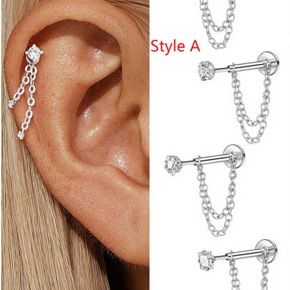 Unisex Stainless Steel Cubic Zirconia Earrings, 20G Push-Back Studs with Double Chain Design, CZ Earrings, Cz Stones Earrings, Fashion Ear Jewelry, Trendy Jewelry Accessories, Sparkling Zirconia, Perfect Gift, Shining Earrings
