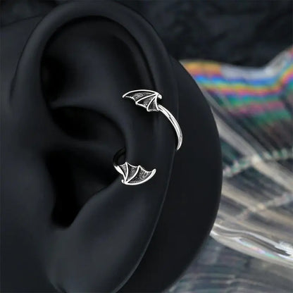 OUFER 16G 316L Stainless Steel S-Shaped Unisex Cartilage Ring - Hypoallergenic Gothic Edge Dark Bat Motif Snakebite Piercing Jewelry with Black Bat Wing Charms