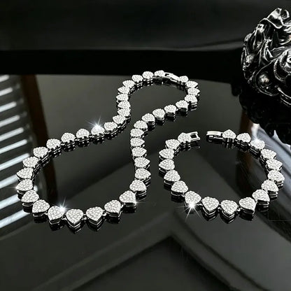 2PCS Heart Shaped Cuban Chain Necklace Set, Rhinestone Choker Necklaces, Hip Hop Style Choker Set , Dainty Zirconia Cut Faux Diamond Chain for Women and Men, Luxurious Jewelry Set for Party Birthday, Everyday Wear
