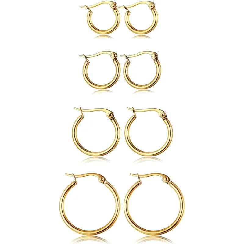 CASSIECA 4Pair Stainless Steel Earring Stack Set Hypoallergenic Gold Plated, Silver, Lightweight Classic Hoop Earrings, 10MM 20MM Huggie Hoops Fashion Jewelry Accessories for Summer Sohochic
