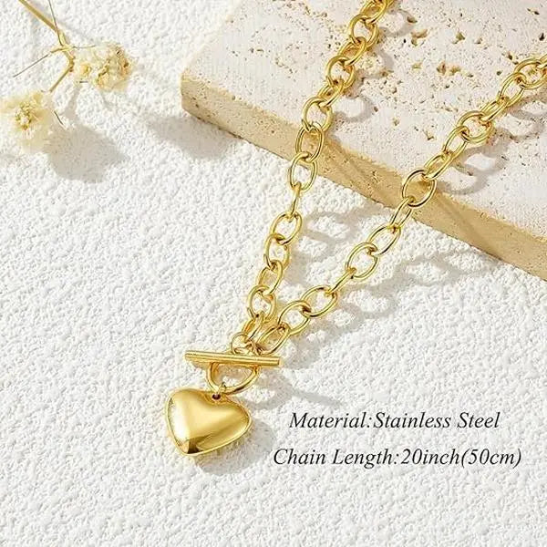 Women's Fashionable 2-Piece Stainless Steel Gold Hearts Jewelry Set - 0.3in Hypoallergenic Chain & Link Bracelet + 18.9in Necklace, 7.5in Toggle Clasp, Daily Durable Gift for Wife, Daughter_Gold