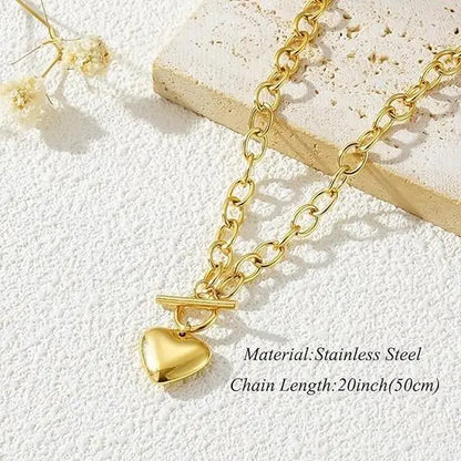 Women's Fashionable 2-Piece Stainless Steel Gold Hearts Jewelry Set - 0.3in Hypoallergenic Chain & Link Bracelet + 18.9in Necklace, 7.5in Toggle Clasp, Daily Durable Gift for Wife, Daughter_Gold