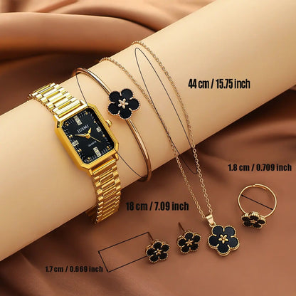 6pcs/set Vintage Elegant Jewelry Set with Clover Elements, Includes Watch Necklace Bracelet Earrings Ring for Daily Wear, Fashionable Jewelry Set, Jewelry Gift Set, Jewellery Gift Set
