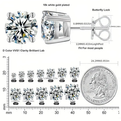 Round Silver-Plated Zircon Stud Earrings - 2-Carat (x2), 8mm, Screw-Back Closures, 4 Total Carats, Precision-Cut, Unisex Custom-Made Jewelry, Secure Fit, Silver-Plated Finish Resists Dullness, Elegant Bling Accessory, Milestone Moment Gift