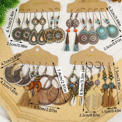 12 Pairs Boho Hollow-Out Leaf & Vintage Shell Design Dangle Earrings for Women, Statement Fashion Jewelry, Trendy Unique Dangling Earrings