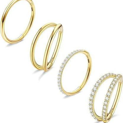 4PCS 18G Nose Rings Hoops Nose Jewelry, Surgical Steel Earrings Tragus Septum Piercing CZ Clicker Ring, Hinged Segment Conch Lip Cartilage Double Hoops 8mm 10mm for Women Men