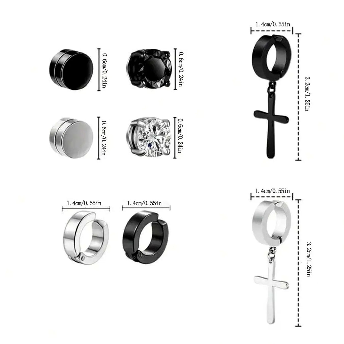 Men's Punk Style Stainless Steel Artificial Zircon Magnetic Earrings, Cross Design Jewelry for Party & Daily Wear, Ideal Gifts, Non-Piercing Earrings, Non Pierced Jewelry, Rhinestone Decorated Bling, Sparkling Ear Jewelry