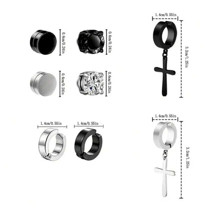 Men's Punk Style Stainless Steel Artificial Zircon Magnetic Earrings, Cross Design Jewelry for Party & Daily Wear, Ideal Gifts, Non-Piercing Earrings, Non Pierced Jewelry, Rhinestone Decorated Bling, Sparkling Ear Jewelry