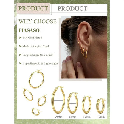 CASSIECA 4Pair Stainless Steel Earring Stack Set Hypoallergenic Gold Plated, Silver, Lightweight Classic Hoop Earrings, 10MM 20MM Huggie Hoops Fashion Jewelry Accessories for Summer Sohochic