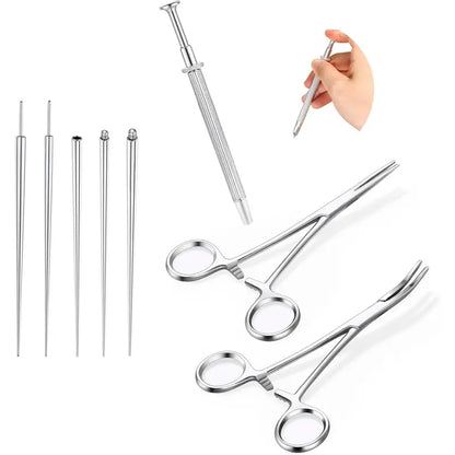 GEMQUEEN Rust-Proof Stainless Steel Piercing Taper Pliers Ball Grabber Piercing Kit - 4.7in Curved/Straight Forceps, 14G/16G/18G Sizes, Acrylic-Safe, Secure Hold, Internal Thread Insertion Pins, for Earlobe Helix Tragus Body Jewelry Adjustment