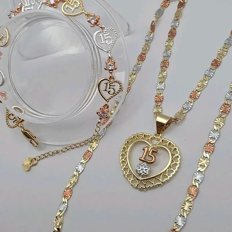 15th Year's Beautiful Heart & Flowers Necklace 20 Inches Gold-Plated Bracelet Set in Three Colors Jewelry Gift