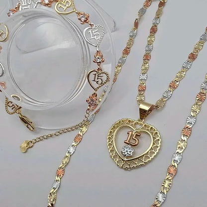 15th Year's Beautiful Heart & Flowers Necklace 20 Inches Gold-Plated Bracelet Set in Three Colors Jewelry Gift