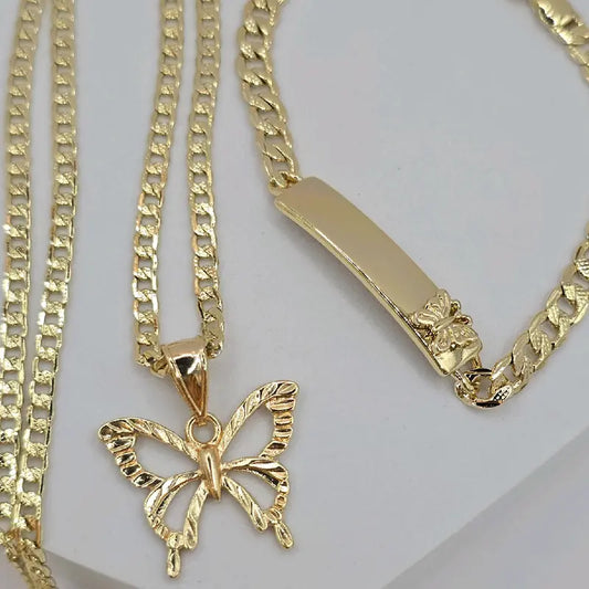 Butterflies' beautiful set of necklace with ID bracelet Cuban link style gold-plated fancy