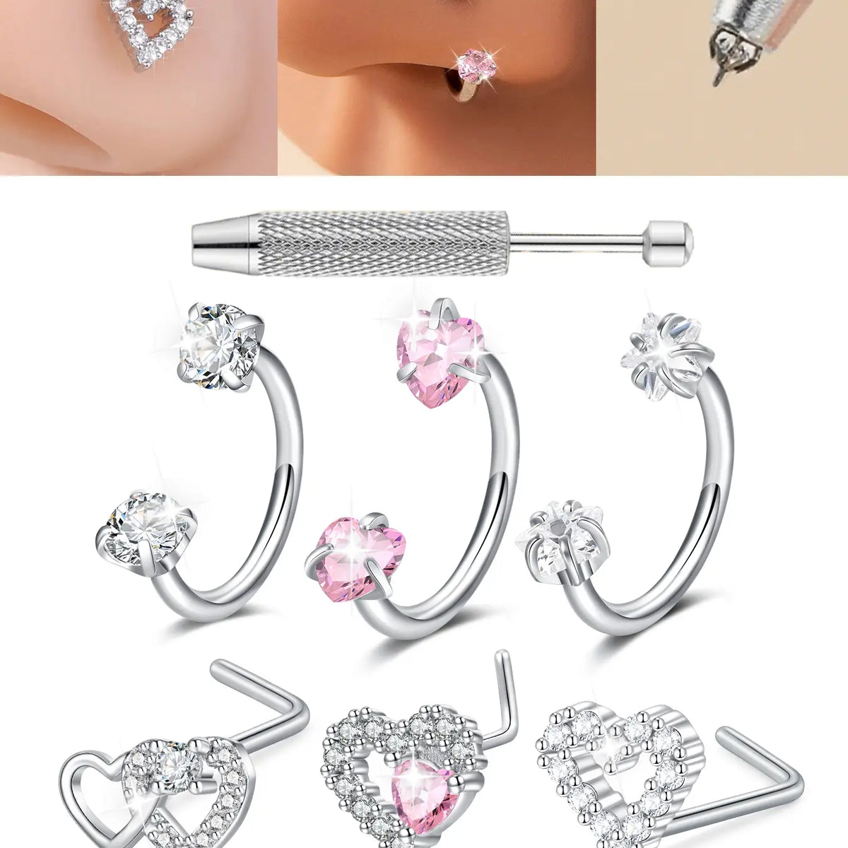 Unisex Stainless Steel CZ Nose Rings Set, Heart & Flower Design, L-Shaped Studs & Hoop Styles, 18G Nose Piercing Jewelry with Rhinestone Accents, Chic Body Jewelry