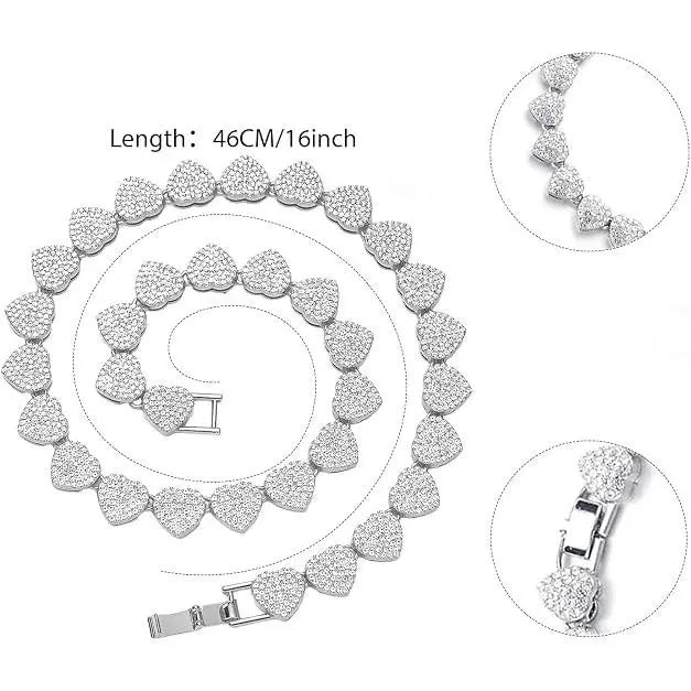 2PCS Heart Shaped Cuban Chain Necklace Set, Rhinestone Choker Necklaces, Hip Hop Style Choker Set , Dainty Zirconia Cut Faux Diamond Chain for Women and Men, Luxurious Jewelry Set for Party Birthday, Everyday Wear