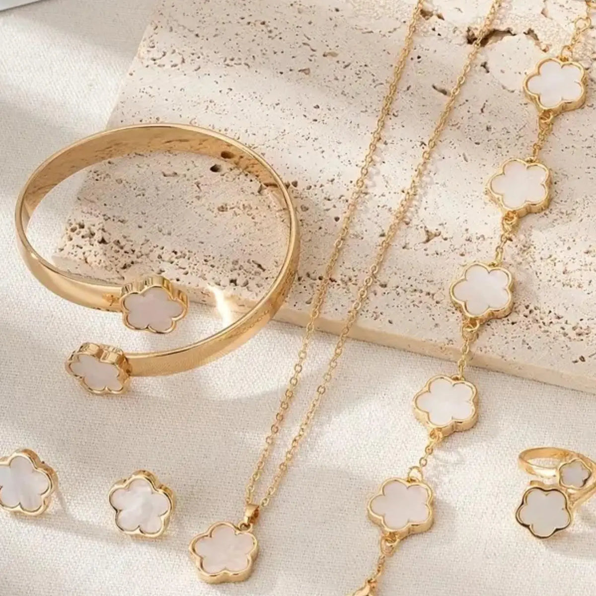 Flower Design Floral Motif Jewelry Set, Accessory Set, Fashionable Jewelry Set, Fashion Necklace & Bracelet & Bangle & Ring & Stud Earrings for Party, Daily Decor, Trendy All-match & Exquisite Jewelry for Birthday Gift
