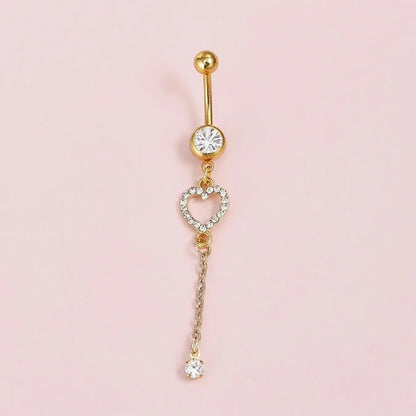Stainless Steel Cubic Zirconia Heart Pattern Belly Ring, Unisex Punk Piercing Jewelry, Navel Piercing Jewelry, Fashion Body Accessories, Body Jewellery, Heart Design Chain, Perfect Gift for Any Occasion, Belly Button Rings