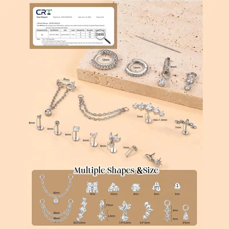 Milacolato 16pc Gift-Ready Elegant Surgical Steel Piercing Jewelry Set for Women, 16G-20G Push-In Easy Threadless Flat Back CZ Studs & Hoops - Nose Piercing, Labret, Conch Earrings, Mom Gifts, Casual Wear