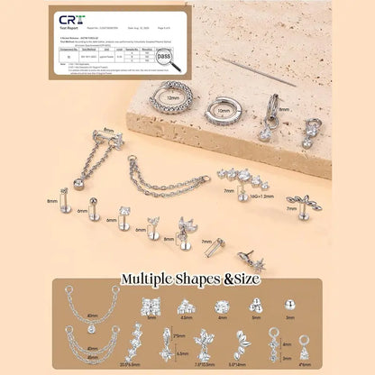 Milacolato 16pc Gift-Ready Elegant Surgical Steel Piercing Jewelry Set for Women, 16G-20G Push-In Easy Threadless Flat Back CZ Studs & Hoops - Nose Piercing, Labret, Conch Earrings, Mom Gifts, Casual Wear