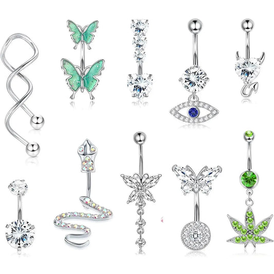 Women's Rhinestone Decorated Charms Belly Piercing Chic Body Jewelry, Body Piercings Set, Belly Button Rings, New Summer 2024 Butterfly & Eye & Snake & Heart Navel Real Jewelry Sets for Women Girls, Body Jewellery