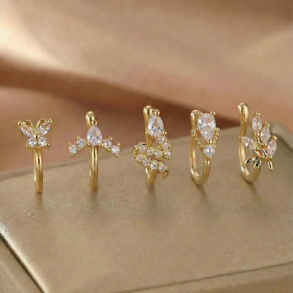 5 Piece Vintage Body Jewelry Synthetic Zircon Nose Rings Set, Butterfly Snake Arrow Geometric Design, No Piercing Needed, Perfect for Daily Wear, Sparkling Zircon Inlay, Body Jewellery