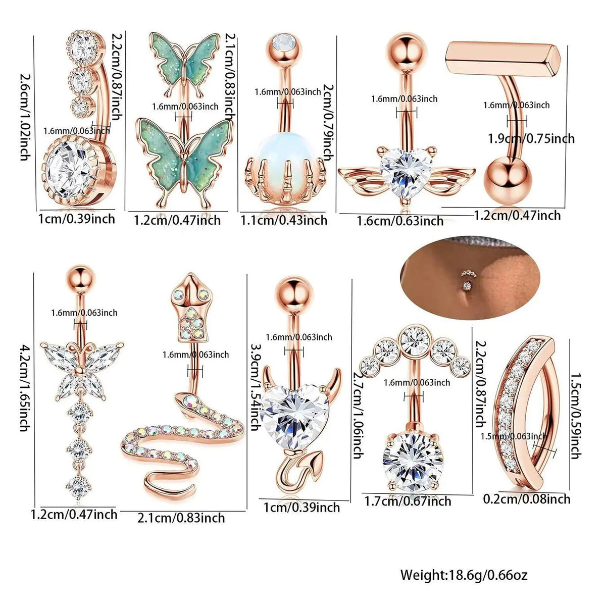 Women's Spring Rhinestone Butterfly & Snake Shape Belly Ring As Gift, Body Piercing Body Jewelry Set, Navel Piercing Jewelry, Maximalist Jewelry, Classic Belly Button Rings Accessories for Daily Wear Back To School, Body Jewellery