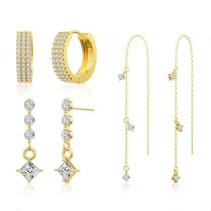 Women's 3-Piece Hypoallergenic Gold Plating Chain Dangle Earrings Set - Non-Tarnish Gold Sparkling Stone Earrings for Ear Stacking, Bling Effect, Daily Elegance, Bridal & Party Wear, Accessories Adults Female