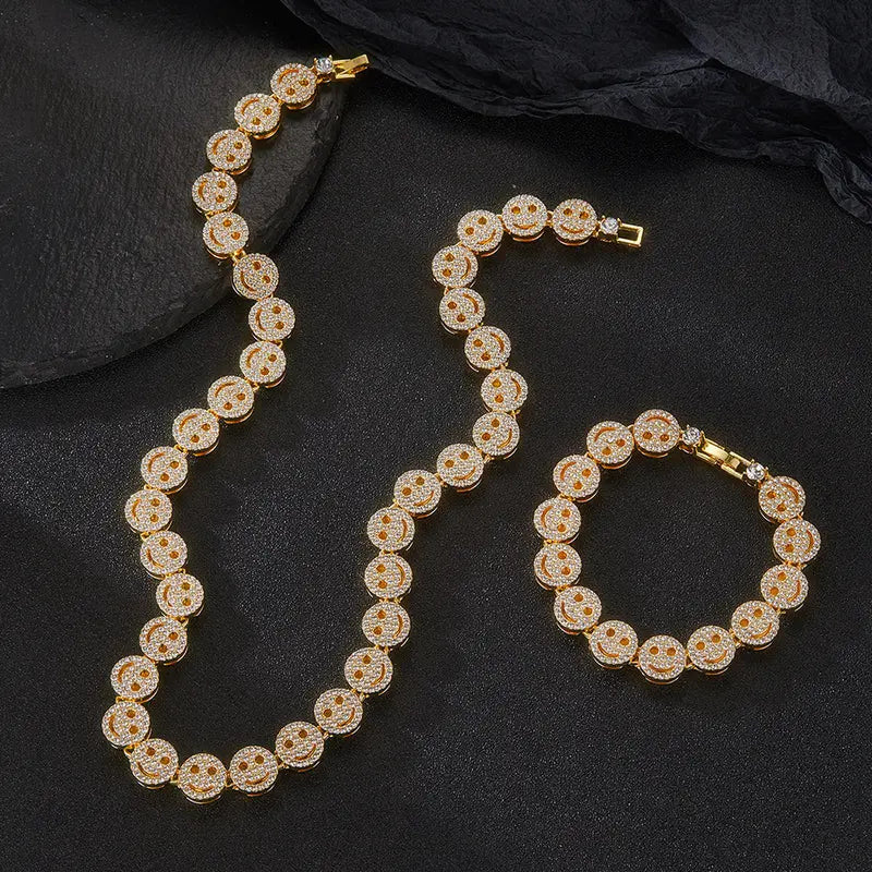 Fashion Hip-hop Smiley Face Cuban Chain with 8-inch Bracelet Set, Exquisite Couple Necklace Set, Thanksgiving Christmas Mother's Day New Year Gift Fashionable Jewelry Set Zirconia Jewelry Set Trendy Versatile Zinc Alloy