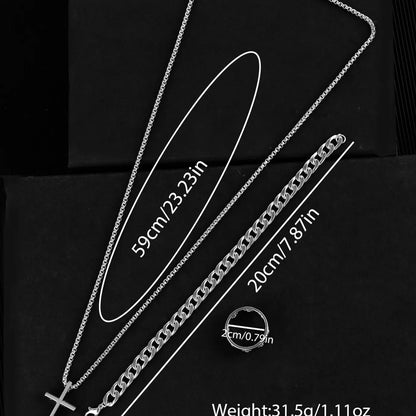 Trendy Silver Color Watch Face, Men's Roman Numerals Quartz Watch Set with Necklace Bracelet Ring, Perfect Birthday Gift for Him, Fashionable Jewelry Set