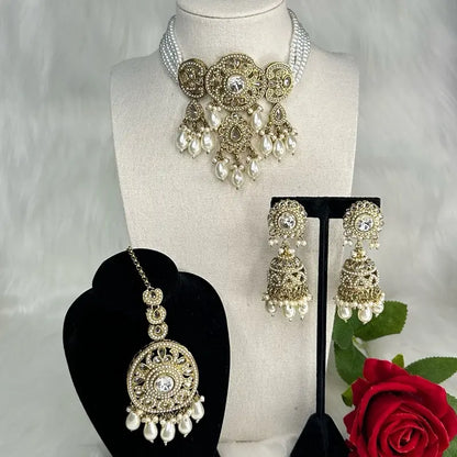 Pakistani Style Pearls Choker Necklace with Jhumka and Tikka Jewelry Set, Elegant Design for Women