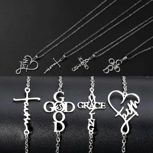 8pcs Stainless Steel Inspirational Christian Jewelry Set with Cross, Faith, Grace Pendants - Heart & Praying Hands Charms - Hip Hop & Vintage Style Necklaces, Bracelets for Women - Durable Everyday Faith-Based for Church Events