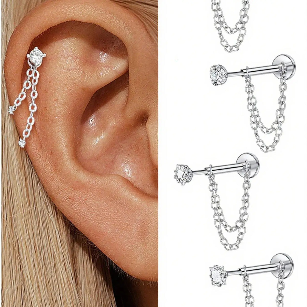 Unisex Stainless Steel Cubic Zirconia Earrings, 20G Push-Back Studs with Double Chain Design, CZ Earrings, Cz Stones Earrings, Fashion Ear Jewelry, Trendy Jewelry Accessories, Sparkling Zirconia, Perfect Gift, Shining Earrings